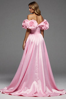 Rosa Langes A-Linie Ballkleid aus Satin mit Blumenmuster und Schlitz