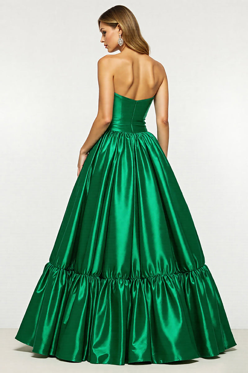 Laden Sie das Bild in den Galerie-Viewer, Dunkelgrünes A-Linie Satin Ballkleid mit Schlitz