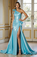 Laden Sie das Bild in den Galerie-Viewer, Blaues Satin Meerjungfrauen Ballkleid mit Schlitz