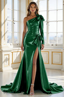 Laden Sie das Bild in den Galerie-Viewer, Blaues Ein Schulter Ballkleid aus Satin mit Schlitz