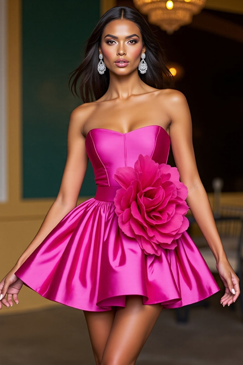 Laden Sie das Bild in den Galerie-Viewer, Fuchsia Trägerloses A-Linie Abiballkleid mit 3D-Blumen