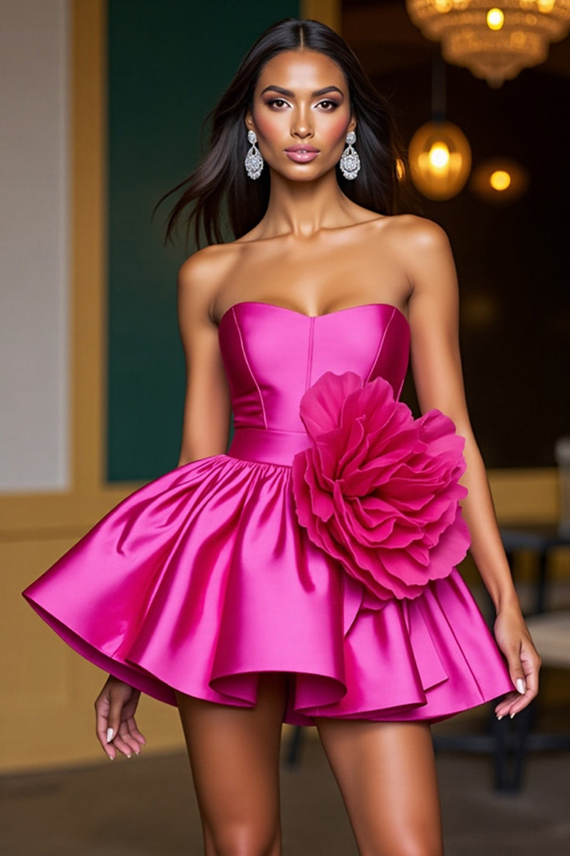 Laden Sie das Bild in den Galerie-Viewer, Fuchsia Trägerloses A-Linie Abiballkleid mit 3D-Blumen