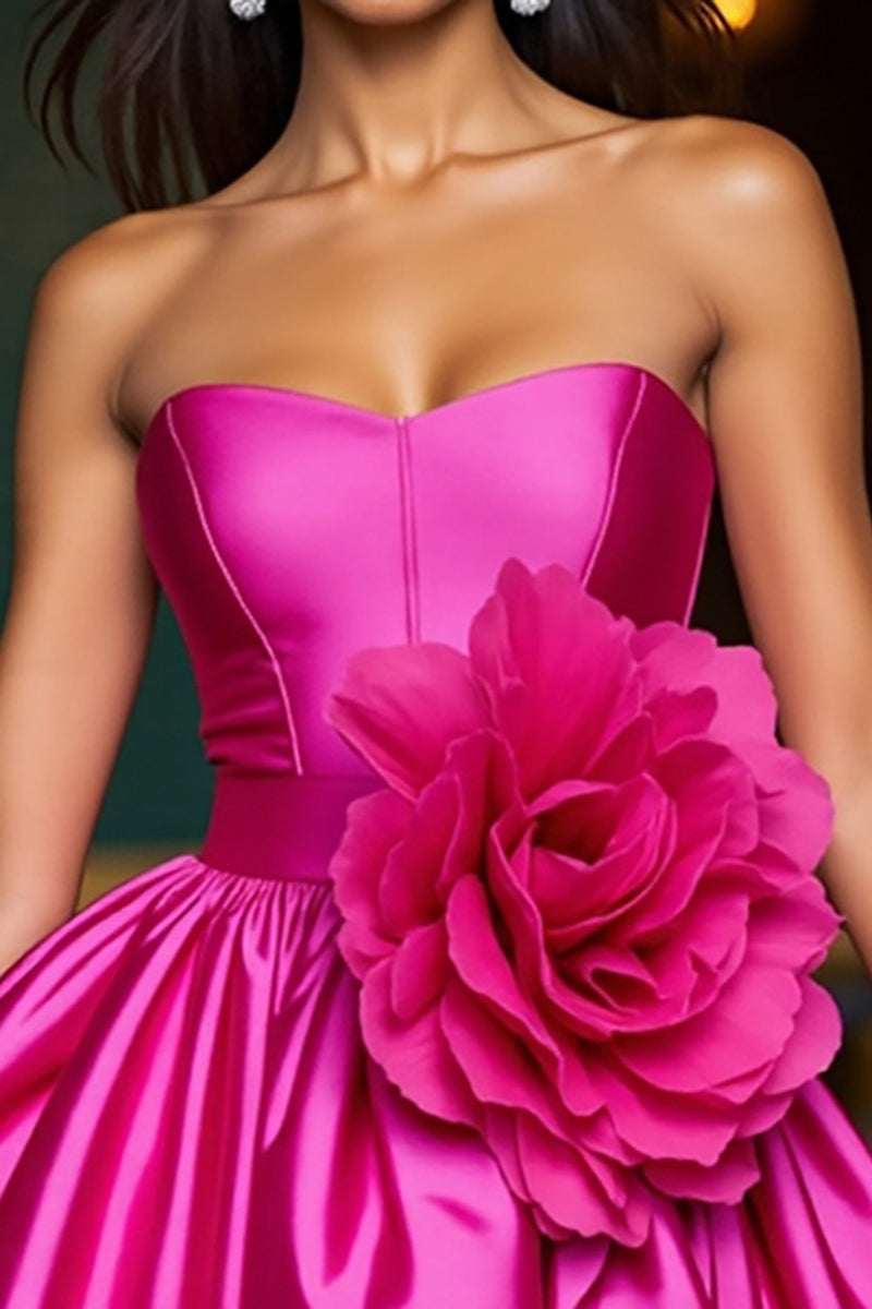 Laden Sie das Bild in den Galerie-Viewer, Fuchsia Trägerloses A-Linie Abiballkleid mit 3D-Blumen