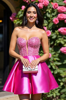 Laden Sie das Bild in den Galerie-Viewer, Fuchsia Trägerloses Schlüsselloch Satin A-Linie Abiballkleid