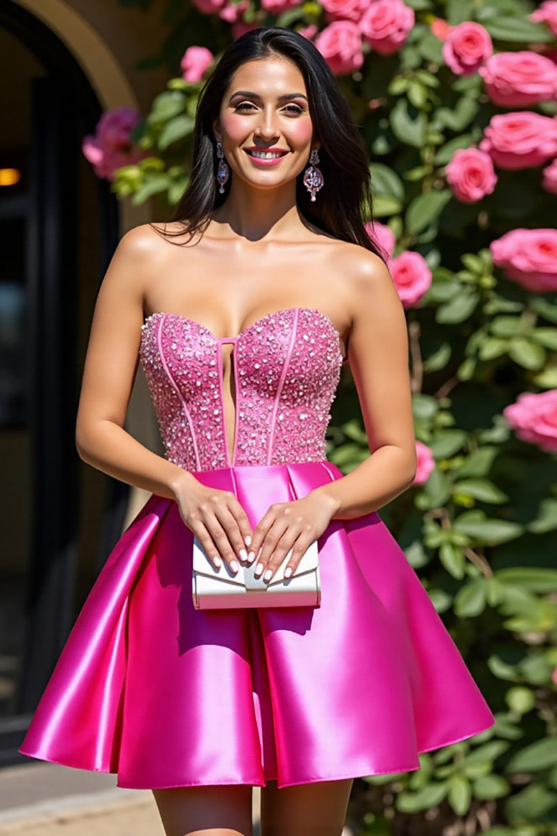 Laden Sie das Bild in den Galerie-Viewer, Fuchsia Trägerloses Schlüsselloch Satin A-Linie Abiballkleid