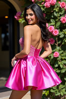 Laden Sie das Bild in den Galerie-Viewer, Fuchsia Trägerloses Schlüsselloch Satin A-Linie Abiballkleid