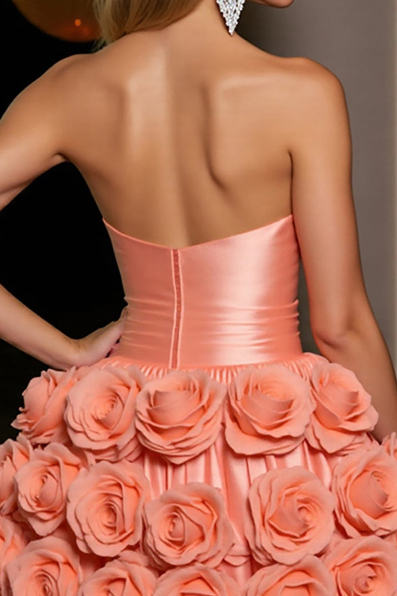 Laden Sie das Bild in den Galerie-Viewer, Orange Trägerloses Satin A-Linie Cocktailkleid mit 3D-Blumen