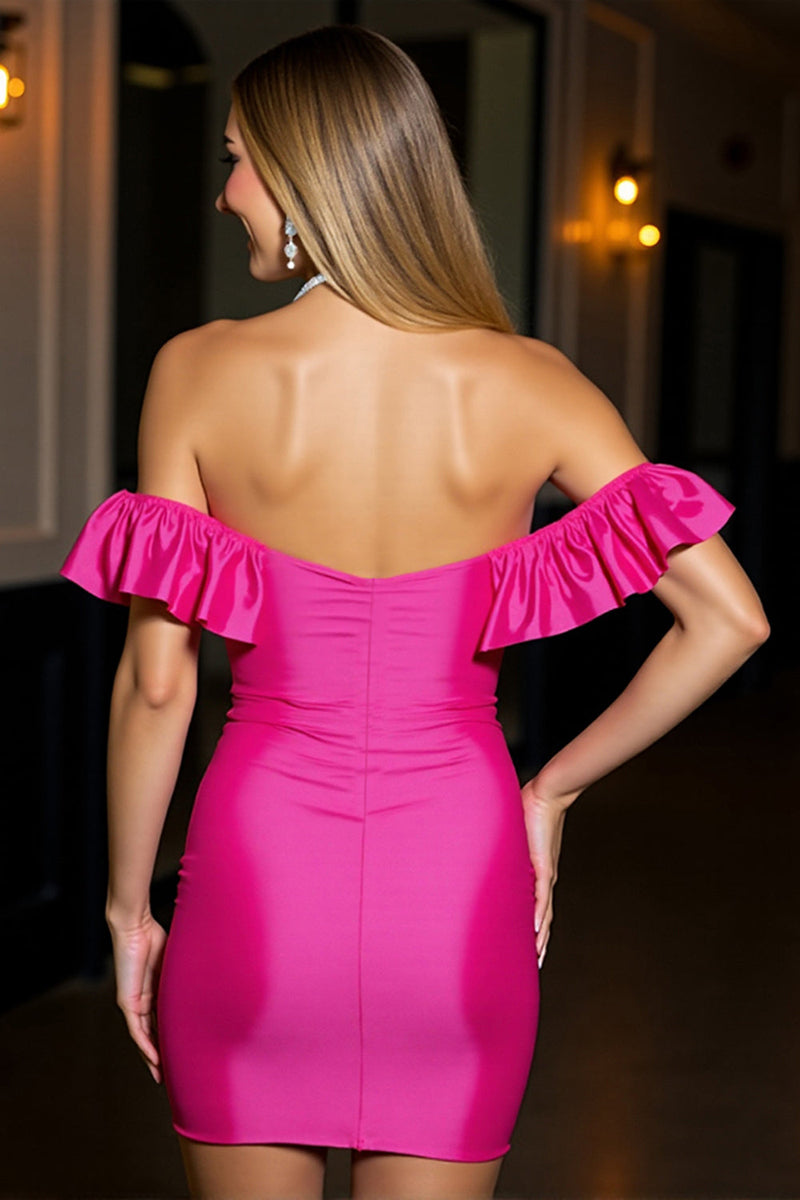 Laden Sie das Bild in den Galerie-Viewer, Fuchsia Schulterfreies Figurbetontes Bodycon Kleid aus Satin