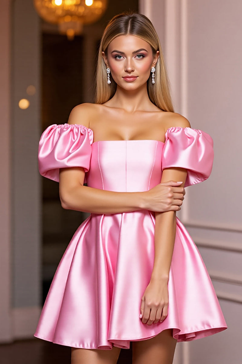 Laden Sie das Bild in den Galerie-Viewer, Schulterfreies Rosa Satin A-Linie Abiballkleid
