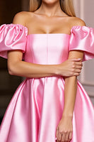 Laden Sie das Bild in den Galerie-Viewer, Schulterfreies Rosa Satin A-Linie Abiballkleid