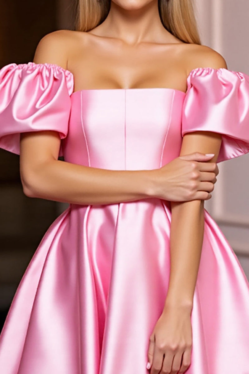 Laden Sie das Bild in den Galerie-Viewer, Schulterfreies Rosa Satin A-Linie Abiballkleid