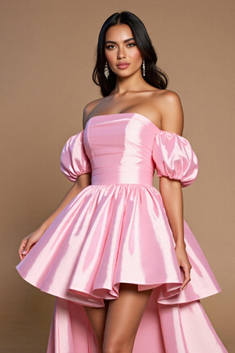 Laden Sie das Bild in den Galerie-Viewer, Rosa Asymmetrisches Satin A Linie Schulterfreies Kurzes Abiballkleid