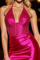 Laden Sie das Bild in den Galerie-Viewer, Fuchsia Korsett Bodycon Neckholder Kurzes Cocktailkleid