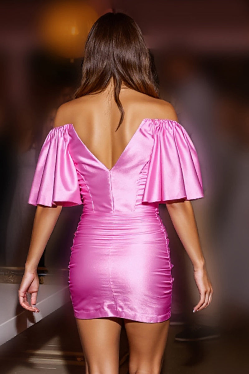 Laden Sie das Bild in den Galerie-Viewer, Fuchsia Schulterfreies Bodycon Kurzes Cocktailkleid aus Satin