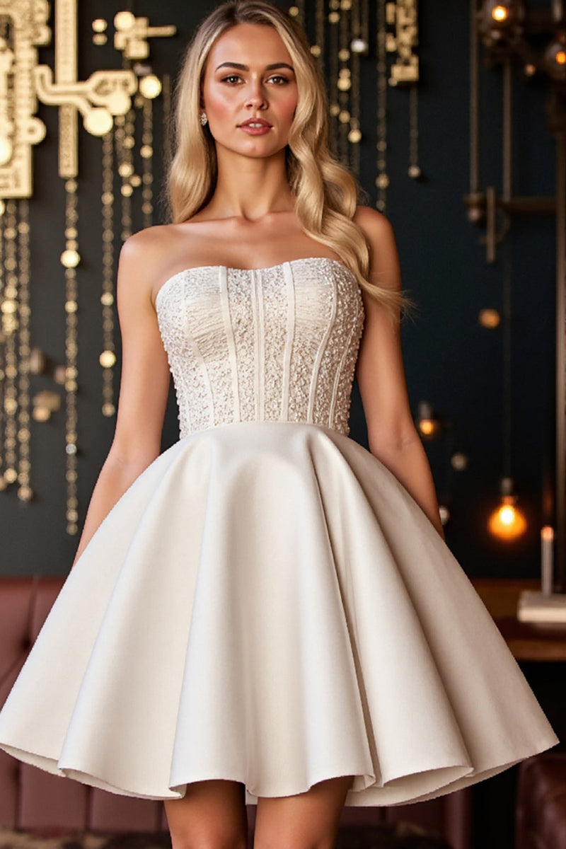 Laden Sie das Bild in den Galerie-Viewer, Elfenbein Trägerloses Korsett Satin Kurzes Cocktailkleid