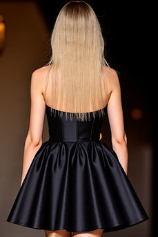 Neckholder Satin A-Linie Kleines Schwarzes Kleid