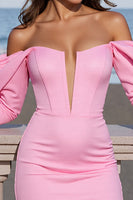 Laden Sie das Bild in den Galerie-Viewer, Rosa Schulterfreies Langärmeliges Bodycon Cocktailkleid