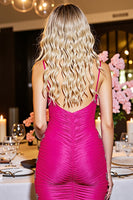 Laden Sie das Bild in den Galerie-Viewer, Bodycon Geraffte Spaghettiträger Fuchsia Abiballkleid