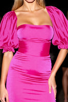 Laden Sie das Bild in den Galerie-Viewer, Fuchsia Bodycon Abiballkleid mit quadratischem Ausschnitt und Puffärmeln