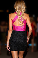 Laden Sie das Bild in den Galerie-Viewer, Glitzerndes Bodycon Neckholder Mini Partykleid in Schwarz und Fuchsia
