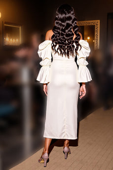 Schulterfreies Weißes Midi Standesamtkleid mit Schlitz