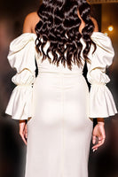 Laden Sie das Bild in den Galerie-Viewer, Schulterfreies Weißes Midi Standesamtkleid mit Schlitz