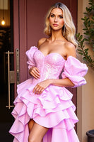 Laden Sie das Bild in den Galerie-Viewer, Schulterfreies Korsett Asymmetrisches Rosa Ballkleid mit Pailletten