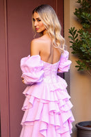 Laden Sie das Bild in den Galerie-Viewer, Schulterfreies Korsett Asymmetrisches Rosa Ballkleid mit Pailletten