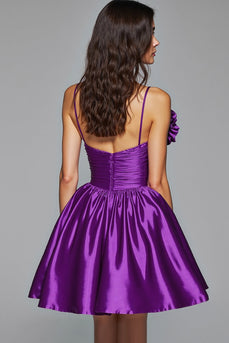 Dunkelviolettes A-Linie Spaghettiträger Cocktailkleid mit 3D-Blume