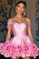 Laden Sie das Bild in den Galerie-Viewer, Schulterfreies Rosa A-Linie Cocktailkleid mit 3D-Blumen