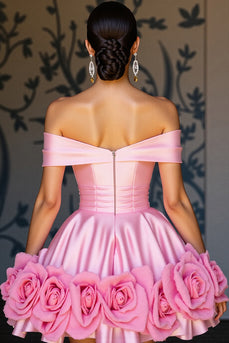 Schulterfreies Rosa A-Linie Cocktailkleid mit 3D-Blumen