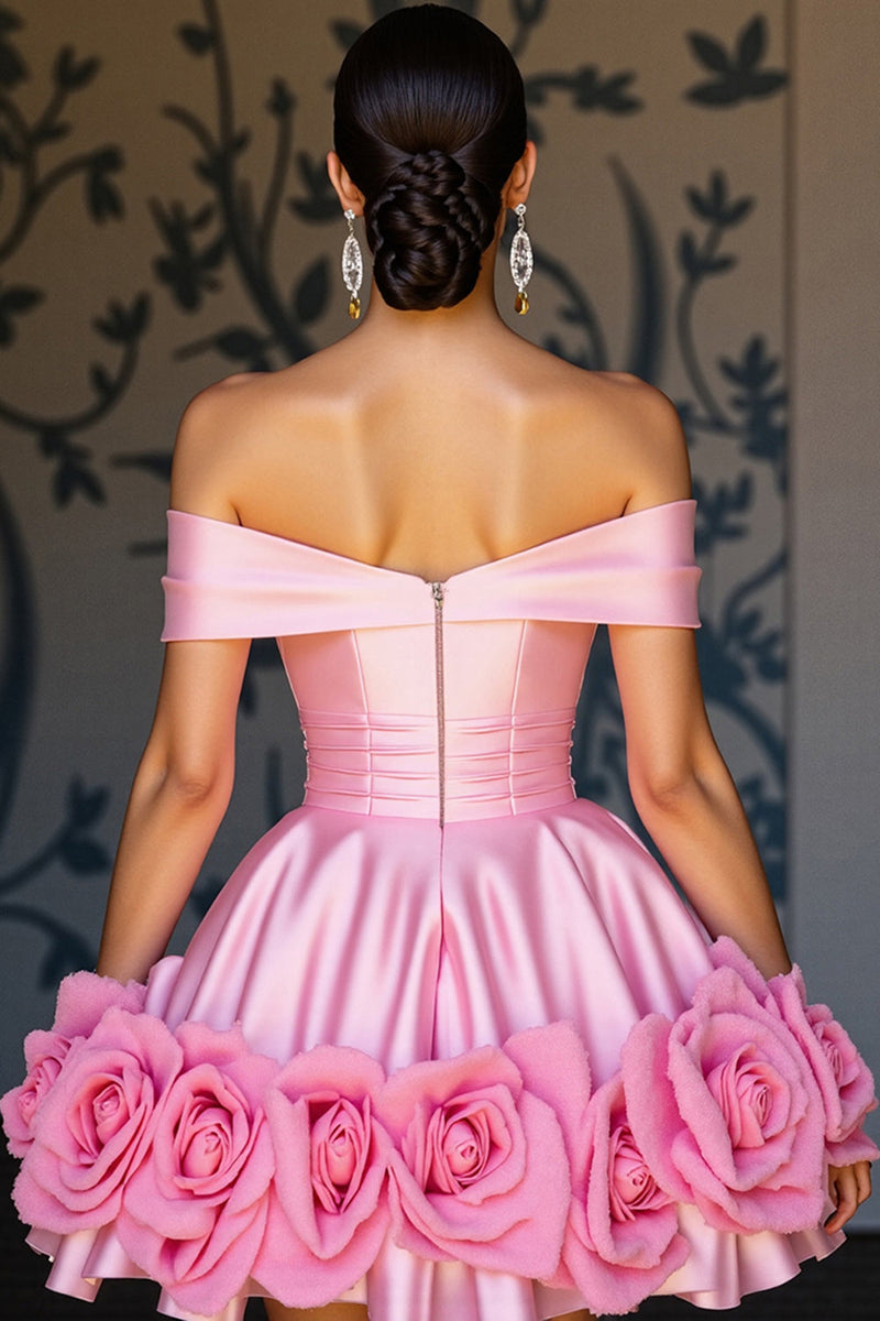 Laden Sie das Bild in den Galerie-Viewer, Schulterfreies Rosa A-Linie Cocktailkleid mit 3D-Blumen
