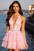 Laden Sie das Bild in den Galerie-Viewer, Neckholder Rosa Appliziertes A-Linie Abiballkleid