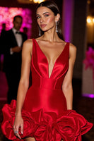 Laden Sie das Bild in den Galerie-Viewer, Rotes A-Linie Abiballkleid mit V-Ausschnitt und 3D-Blumen
