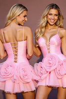Laden Sie das Bild in den Galerie-Viewer, Rosa A-Linie Gerafftes Abiballkleid mit 3D-Blumen