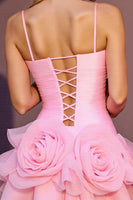 Laden Sie das Bild in den Galerie-Viewer, Rosa A-Linie Gerafftes Abiballkleid mit 3D-Blumen