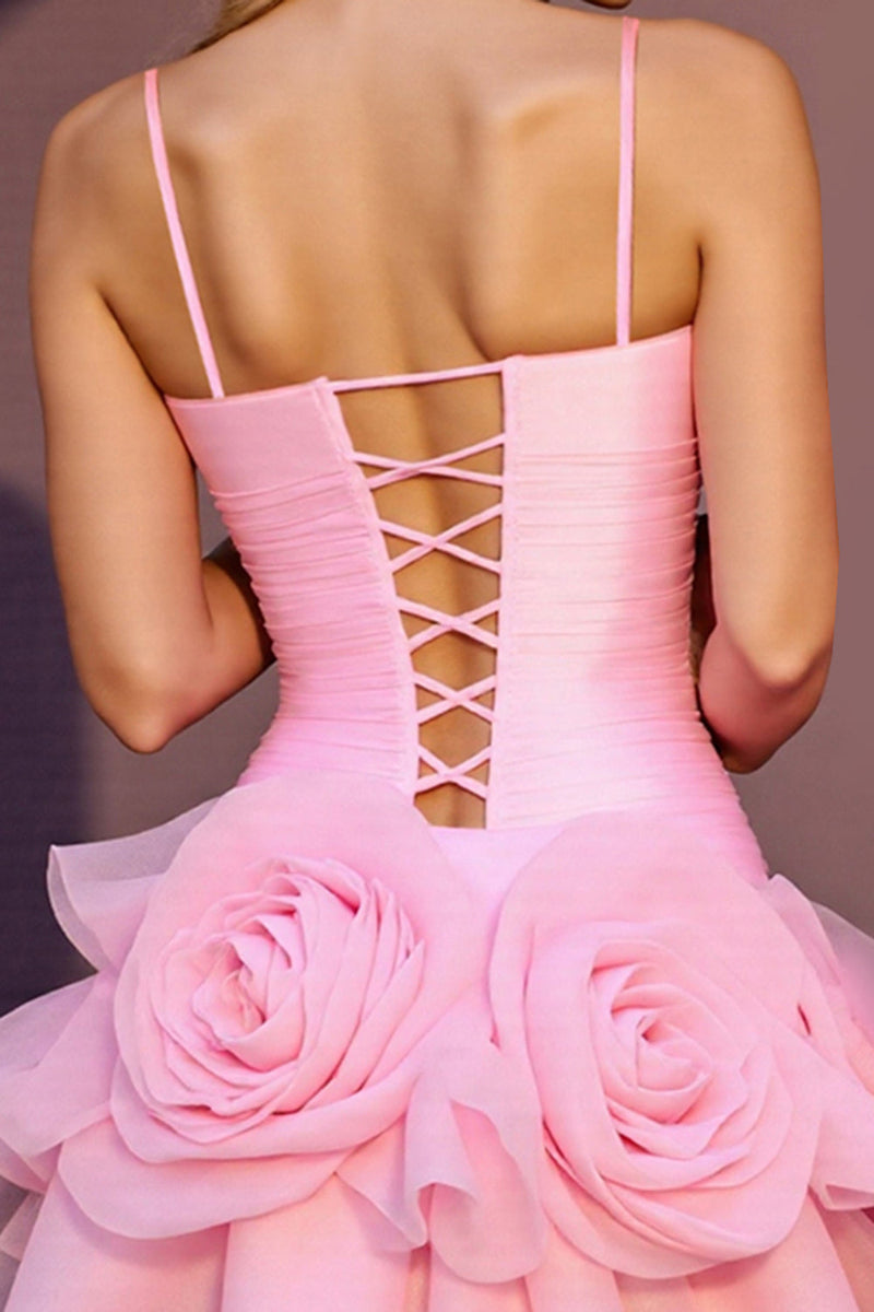 Laden Sie das Bild in den Galerie-Viewer, Rosa A-Linie Gerafftes Abiballkleid mit 3D-Blumen