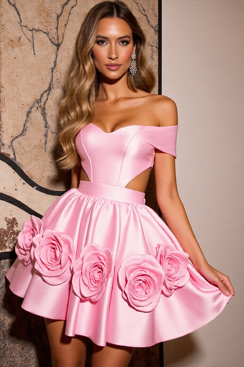 Laden Sie das Bild in den Galerie-Viewer, Schulterfreies Rosa Cocktailkleid mit 3D-Blumen