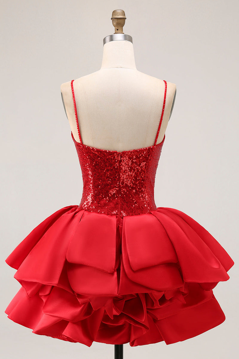 Laden Sie das Bild in den Galerie-Viewer, Glitzerndes Rotes A-Linie Gestuftes Cocktailkleid mit Rüschen