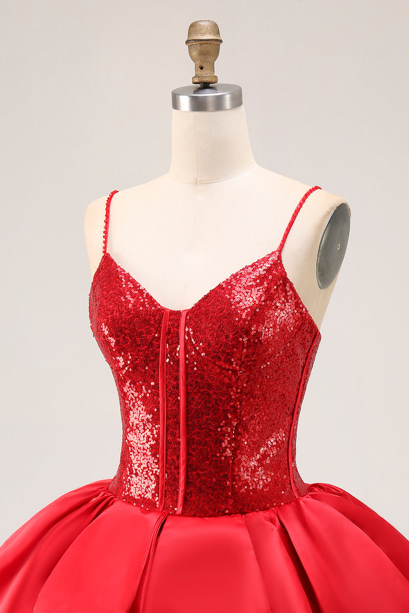 Laden Sie das Bild in den Galerie-Viewer, Glitzerndes Rotes Gestuftes Abiballkleid mit Rüschen