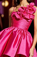 Laden Sie das Bild in den Galerie-Viewer, Fuchsia Gerafftes Abiballkleid aus Satin mit 3D-Blumen