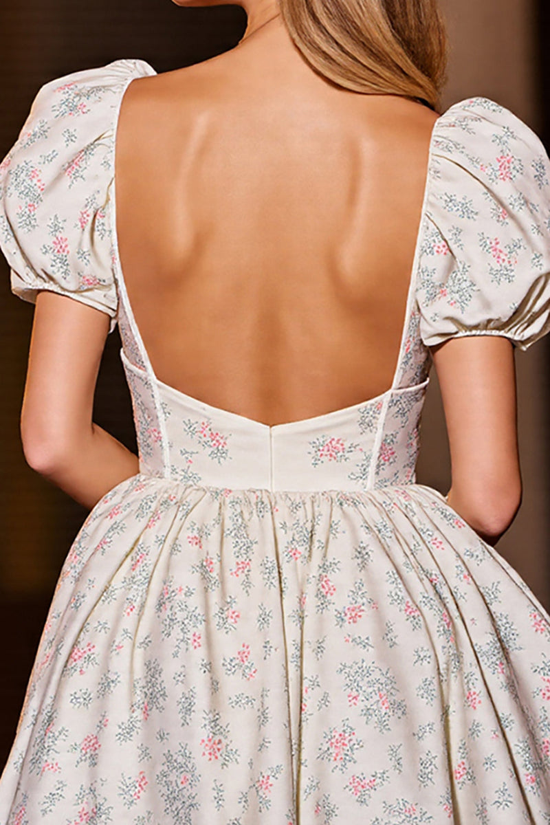 Laden Sie das Bild in den Galerie-Viewer, Weißes Korsett Blumen Kurzes Cocktailkleid mit Ärmeln