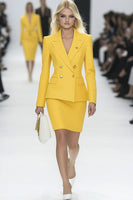 Laden Sie das Bild in den Galerie-Viewer, Gelbes 2-teiliges Bodycon Mini Arbeitskleid mit Spitzrevers