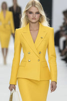 Laden Sie das Bild in den Galerie-Viewer, Gelbes 2-teiliges Bodycon Mini Arbeitskleid mit Spitzrevers