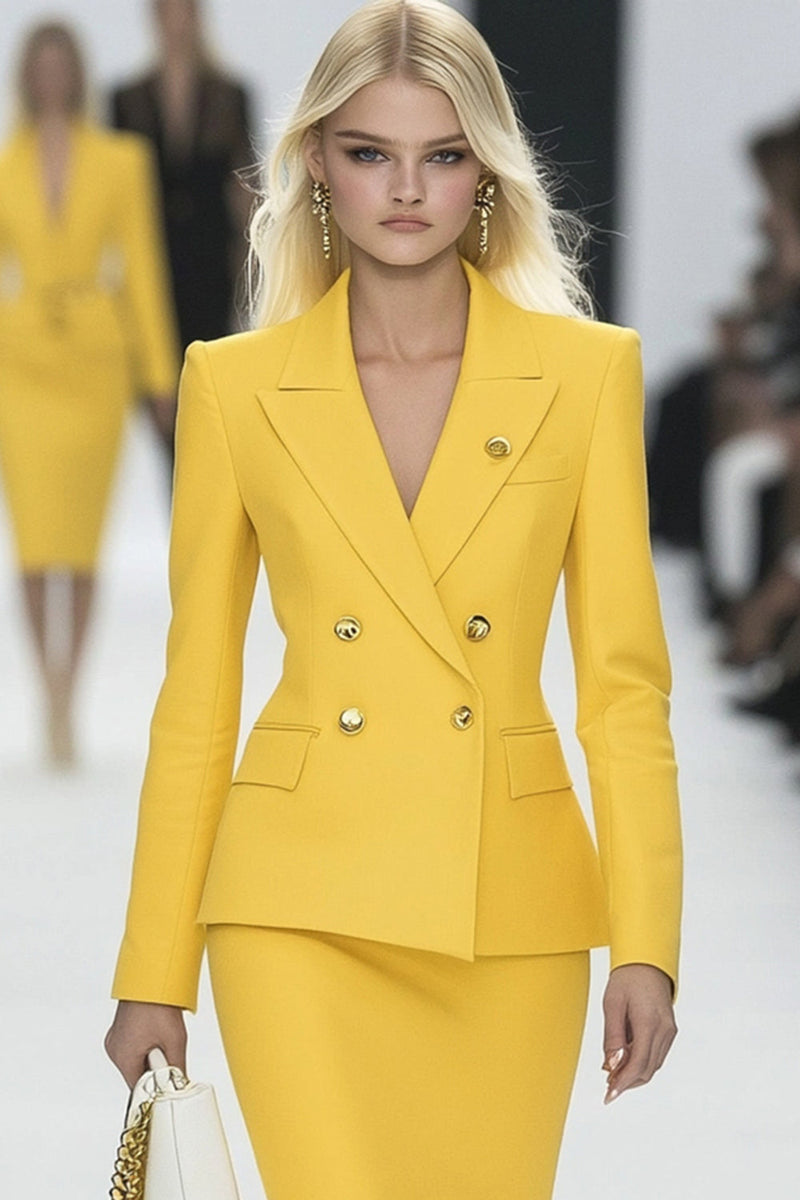 Laden Sie das Bild in den Galerie-Viewer, Gelbes 2-teiliges Bodycon Mini Arbeitskleid mit Spitzrevers