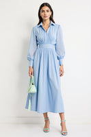 Laden Sie das Bild in den Galerie-Viewer, Blaues Gerafftes Arbeitskleid in A-Linie mit Polokragen und langen Ärmeln