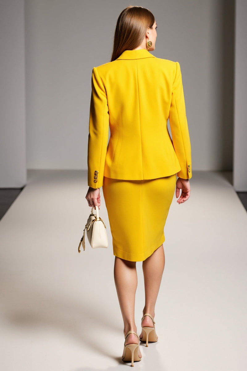 Laden Sie das Bild in den Galerie-Viewer, Gelbes Etui Zweiteiliges Arbeitskleid mit langen Ärmeln