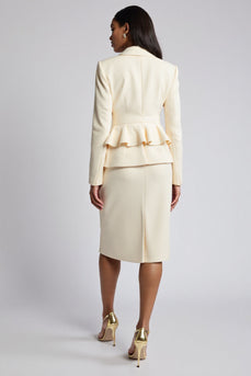Elfenbein Bodycon Spitzrevers 2-teiliges Arbeitskleid mit Rüschen