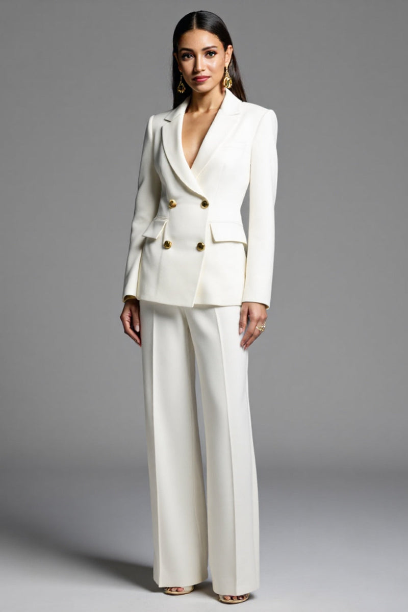 Laden Sie das Bild in den Galerie-Viewer, Weißer 2-teiliger Zweireihiger Hosenanzug mit gekerbtem Revers