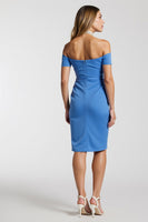 Laden Sie das Bild in den Galerie-Viewer, Blaues Schulterfreies Figurbetontes Arbeitskleid mit Rüschen und Schlitz